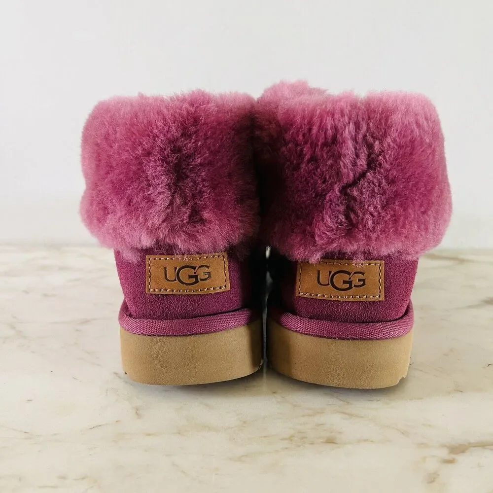 UGG AUSTRALIA Bougainvillea Suede Classic Mini Fluff Shearling Boots - US 7